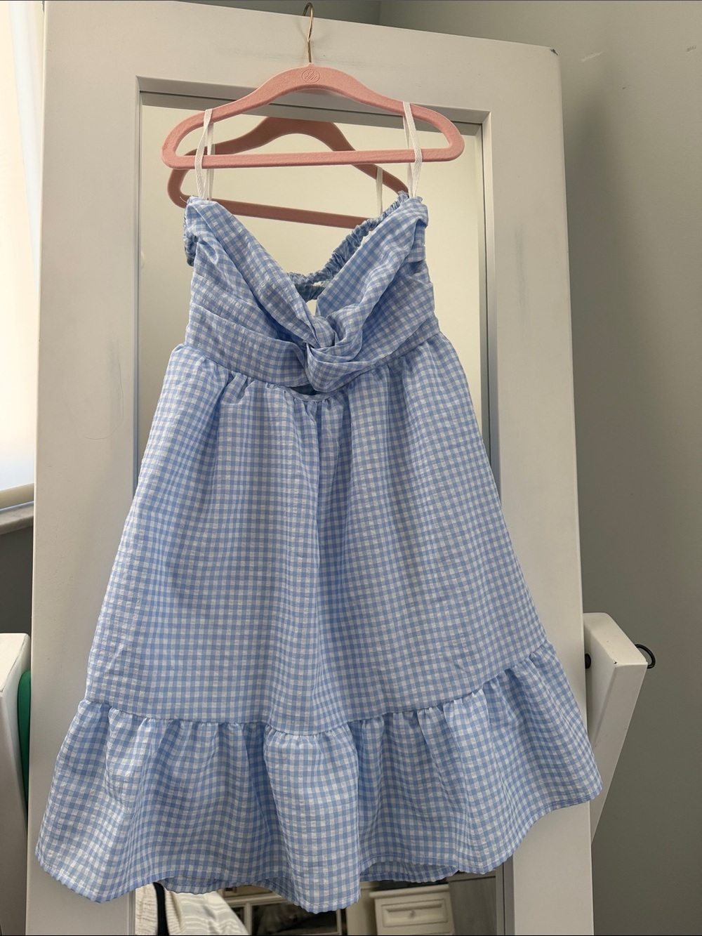 Light Blue Gingham Strapless Girls' Dress